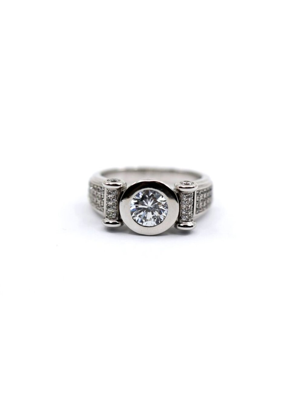 Unique 14K White Gold Designer Round CZ Bezel Set Pave Accent Ring - Size 10.75